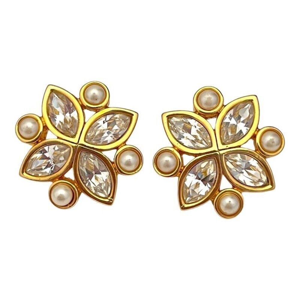 Vintage 1980s S.A.L. Swarovski Crystal Pearl Earrings Gold Tone - 6W